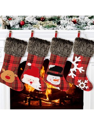 4'lü Noel Çorabı-Kırmızı ve Siyah Kareli-Yaşlı Adam (Yurt Dışından)