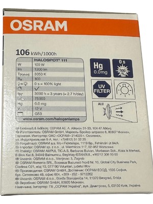 Osram Halogen Alu 3050K (Sarı Işık) 100W 12V G53 Duylu Halospot (2 Adet)