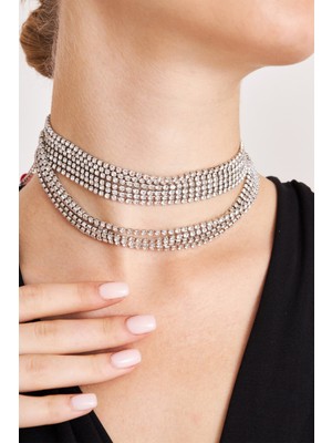 Furtek Aksesuar Kadın Salaş Gargantilla Model Kristal Zirkon Taşlı Gümüş Kaplama Parıltılı Gerdanlık Tasma Choker