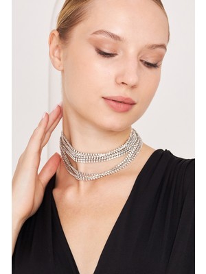 Furtek Aksesuar Kadın Salaş Gargantilla Model Kristal Zirkon Taşlı Gümüş Kaplama Parıltılı Gerdanlık Tasma Choker