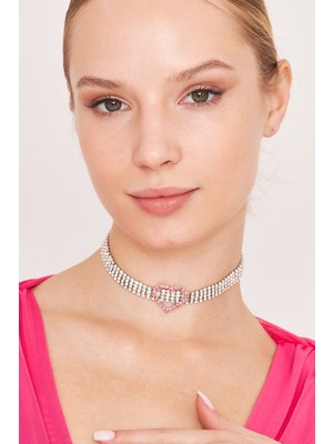 Furtek Aksesuar Kadın 4 Sıra Ortası Pembe Kalp Model Zirkon Taşlı Gümüş Kaplama Gerdanlık Kombin Tasma Choker Kolye