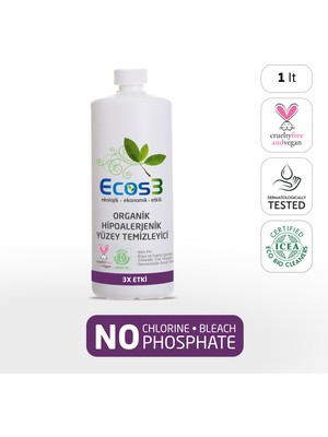 Ecos3 Hipoalerjenik Yüzey Temizleyici, Organik & Vegan Sertifikalı, Ekolojik, Evcil Hayvan Dostu, 1000ml