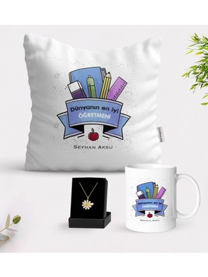 BK Kişiye Özel Dünyanın En Iyi Öğretmeni Beyaz Kupa Yastık ve Isimli Papatya Kolye Hediye Seti-23
