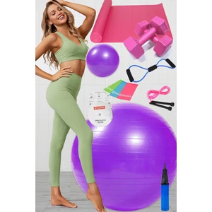 12 Li Pilates Seti Topu 3lü Pilates Bandı Lastiği Dambıl Minder Mat Atlama Ipi Direnç Lastiği Mor