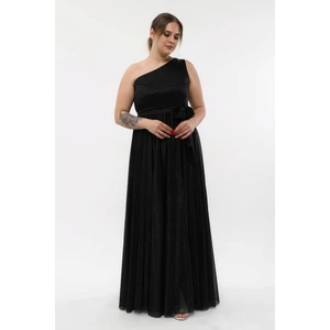 Işıltı Abiye Omuz Dekolte Simli Sıfır Kol Tül Abiye Elbise