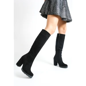 MBZFR5013S-S Kadın Siyah Süet Kalın Topuklu Fermuarlı Uzun Çizme