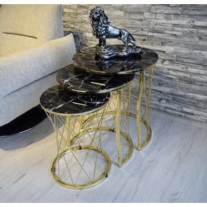 Sedaş Living Units 3 Lü Siyah Mermer Temperli Cam Gold Ayaklı Hasır Telli Zigon Sehpa Sedaş-Zigon-Gold