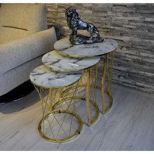 Sedaş Living Units 3 Lü Beyaz Mermer  Temperli Cam Gold Ayaklı Hasır Telli Zigon Sehpa Sedaş-Zigon-Gold