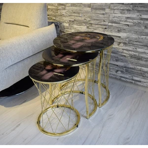 Sedaş Living Units 3 Lü Arap Kızı Temperli Cam Gold Ayaklı Hasır Telli Zigon Sehpa Sedaş-Zigon-Gold