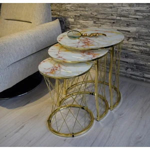 Sedaş Living Units 3 Lü Sarı Mermer Temperli Cam Gold Ayaklı Hasır Telli Zigon Sehpa Sedaş-Zigon-Gold