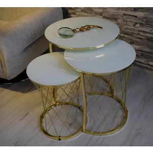 Sedaş Living Units 3 Lü Beyaz Temperli Cam Gold Ayaklı Hasır Telli Zigon Sehpa Sedaş-Zigon-Gold