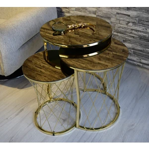 3 Lü Bronz Ayna Gold Ayaklı Hasır Telli Zigon Sehpa-Zigon-Gold