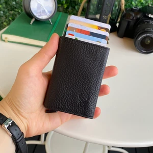 Papola - Hakiki Deri RFID Korumalı Otomatik Mekanizmalı Erkek Kartlık & Cüzdan (Siyah)