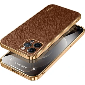 Xstep Case iPhone 15 Pro Max Elektro Kaplama Kapak Litchi Doku Pu Deri Kaplamalı Pc+Tpu Telefon Kılıfı (Yurt Dışından)