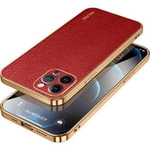 Xstep Case iPhone 15 Pro Max Elektro Kaplama Kapak Litchi Doku Pu Deri Kaplamalı Pc+Tpu Telefon Kılıfı (Yurt Dışından)