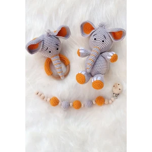 Kelebeğin Rüyası Hobi Evi Amigurumi Hediyelik Uyku Arkadaşı Fil, Fil Çıngırak ve Emzik Zinciri Set