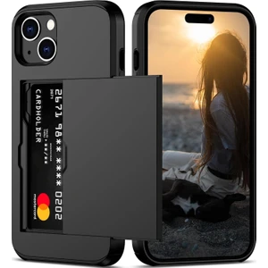 iPhone 15 ile Uyumlu Kart Tutuculu Kılıf Ağır Hizmet Tipi Koruyucu Çift Katmanlı Darbeye Dayanıklı Gizli Kart Yuvası Kadın ve Erkek Için Ince Cüzdan Telefon Kapağı 6,1 Inç (Siyah) (Yurt Dışından)