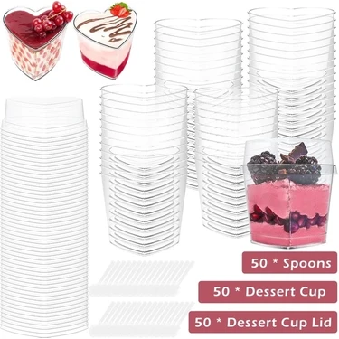 50SET B 50 Adet Kapaklı Tatlı Bardakları Kaşık 2OZ/60ML Mini Tatlı Bardakları Şeffaf Plastik Parti