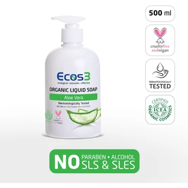 Ecos3 Sıvı Sabun, Organik & Vegan Sertifikalı, Ekolojik, Hipoalerjenik, Aloe Vera,