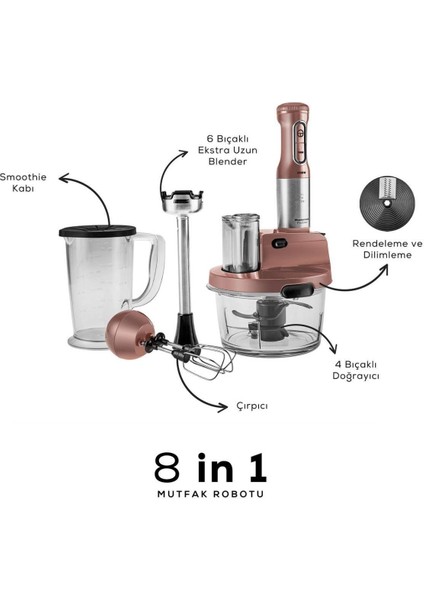 Mastermaid Prosteel Cam Mutfak Robotu Uzun Blender Ayaklı 6 Bıçaklı 2500 W Rosegold