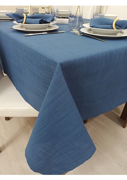 Zeren Home Polyester Keten Dertsiz Masa Örtüsü Indigo Mavi + 6 Peçete