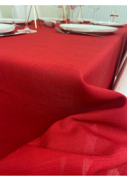 Polyester Keten Dertsiz Masa Örtüsü Kırmızı + 12 Peçete