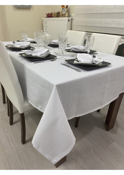 Polyester Keten Dertsiz Masa Örtüsü Beyaz + 6 Peçete