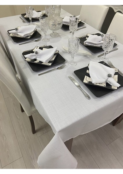 Polyester Keten Dertsiz Masa Örtüsü Beyaz + 6 Peçete