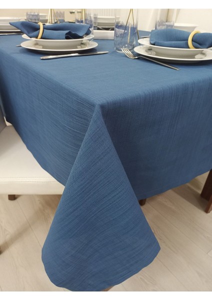 Zeren Home Polyester Keten Dertsiz Masa Örtüsü Indigo Mavi + 6 Peçete