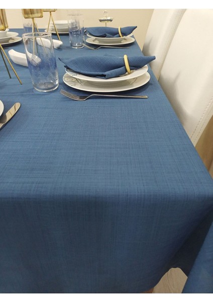 Zeren Home Polyester Keten Dertsiz Masa Örtüsü Indigo Mavi + 6 Peçete