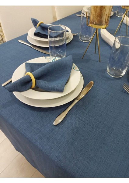 Zeren Home Polyester Keten Dertsiz Masa Örtüsü Indigo Mavi + 6 Peçete