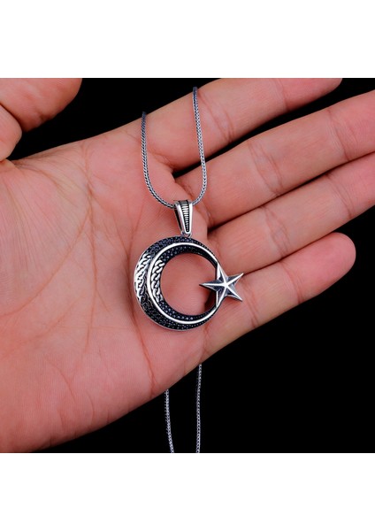 925 Ayar Gümüş Örgü Model Ayyıldız Mikro Taşlı Kolye