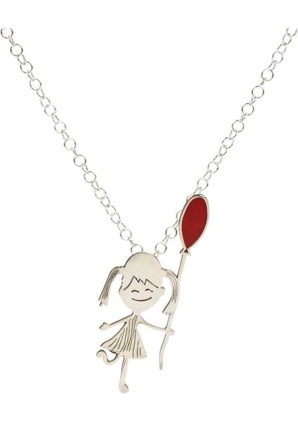 925 Ayar Gümüş Kırmızı Balonlu Kız Kolye