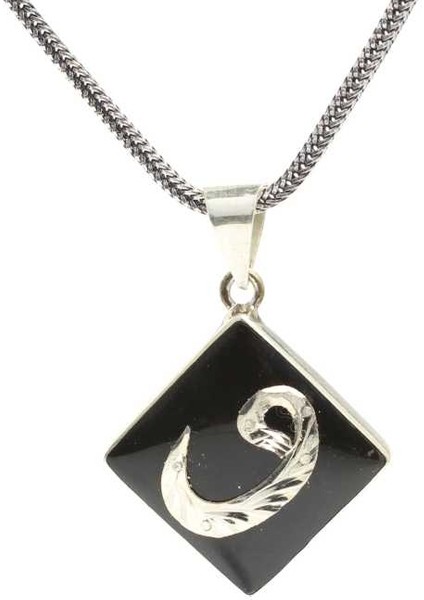 925 Ayar Gümüş Kare Şekilli Vav Harfli Oltu Taşı Kolye