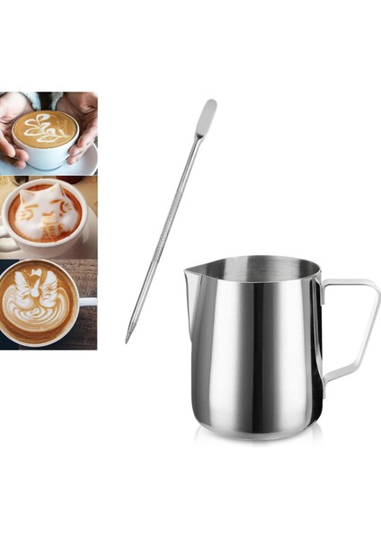 Latte Seti 2li Süt Potu 500 ml + Latte Art Kalemi Çubuğu Süt Köpürtme Latte Potu Latte Art Çubuğu
