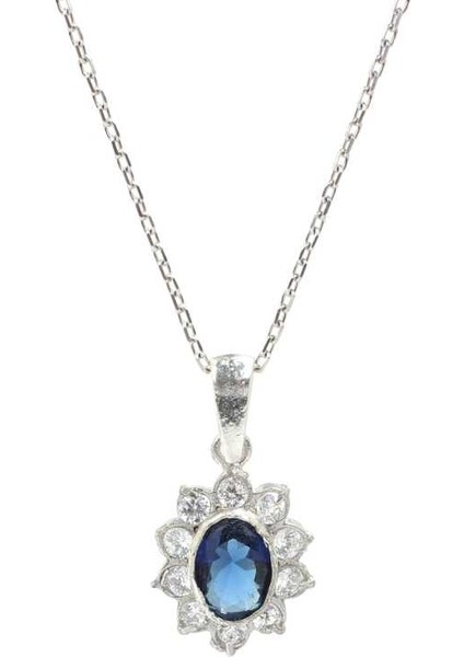 925 Ayar Gümüş Minik Çiçek Tasarım Oval Safir Taşlı Kolye