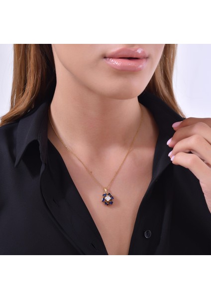 925 Ayar Gümüş Helezon Çiçekli Safir Taşlı Kolye
