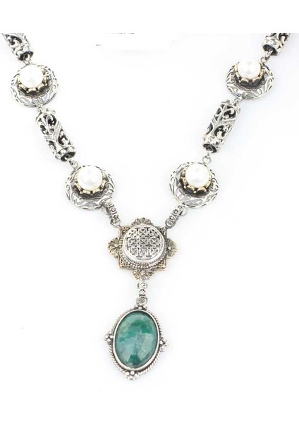 925 Ayar Gümüş Zümrüt Taşlı Antik Bizans Kolye