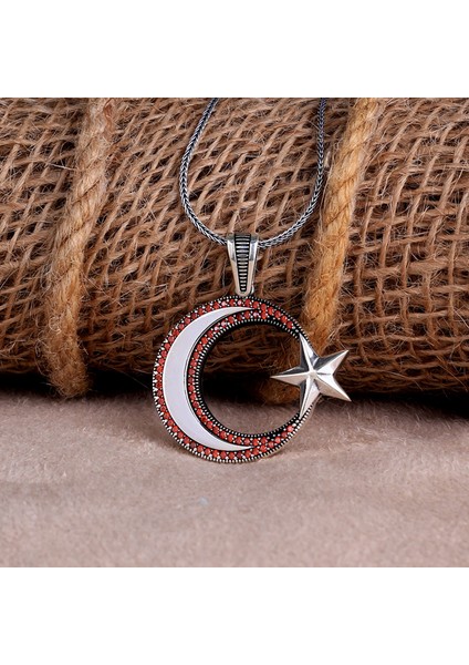 Mikro Taşlı Ayyıldız Model 2 Madalyon 925 Ayar Gümüş Kolye