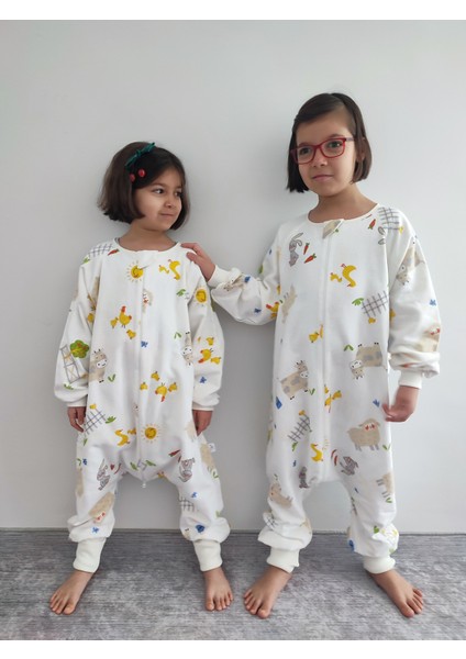 Uzun Kollu Kışlık Çocuk Uyku Tulumu %100 Pamuk Çiftlik Desenli 20-24 Derece 1 Tog