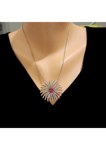 925 Ayar Rose Gümüş Yakut Taşlı Tılsım Kolye
