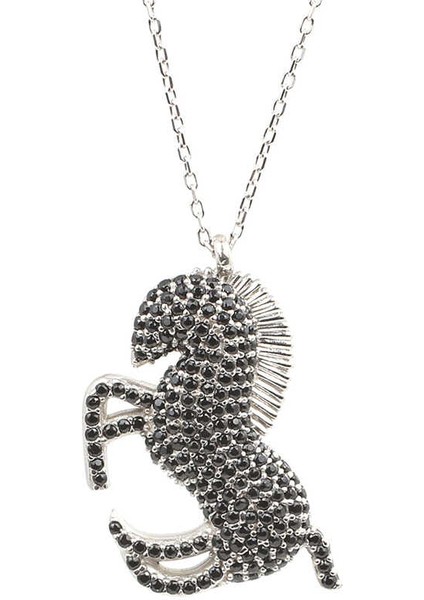 925 Ayar Gümüş Oniks Taşlı Şahlanan At Modeli Kolye