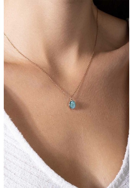 Akuamarin Taşlı Minimal Gümüş Kadın Kolye Rose Rengi