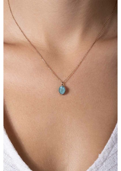 Akuamarin Taşlı Minimal Gümüş Kadın Kolye Rose Rengi