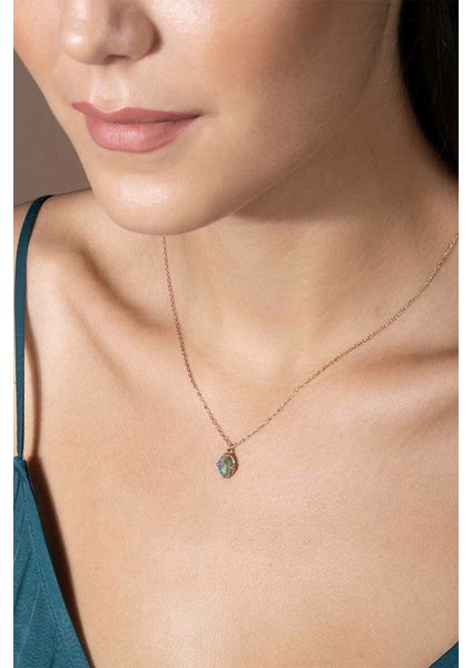 Labradorit Taşlı Minimal Gümüş Kadın Kolye Rose Rengi