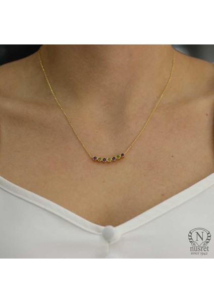 925 Ayar Gümüş Ametist ve Peridot Taşlı 7 Sıra Suyolu Kolye