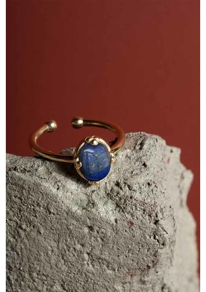 Lapis Lazuli Taşlı Minimal Gümüş Ayarlanabilir Kadın Yüzük Altın Rengi - 8