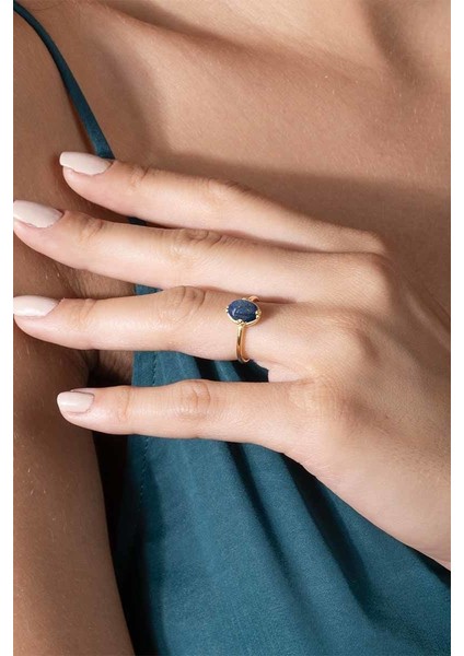 Lapis Lazuli Taşlı Minimal Gümüş Ayarlanabilir Kadın Yüzük Altın Rengi - 8 fiyatları