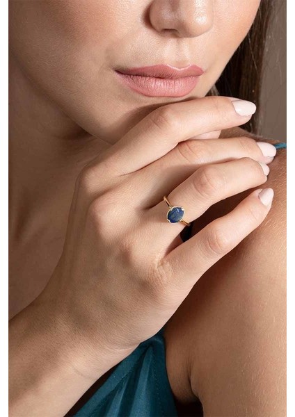 Lapis Lazuli Taşlı Minimal Gümüş Ayarlanabilir Kadın Yüzük Altın Rengi - 8 modelleri