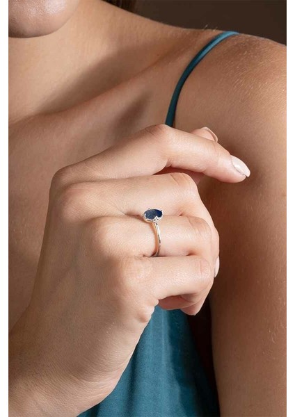 Lapis Lazuli Taşlı Minimal Gümüş Ayarlanabilir Kadın Yüzük Gümüş Rengi - 12
